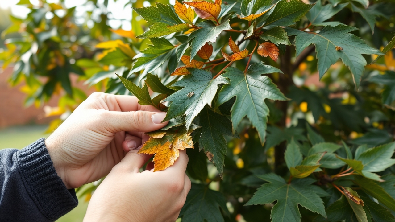 Hands examining tree leaves for tree health inspection