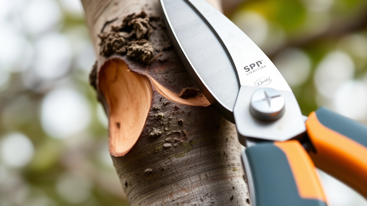Close-up of a clean fresh pruning cut on a tree branch