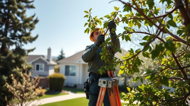 Arborist on a ladder pruning a young tree in a residential yard